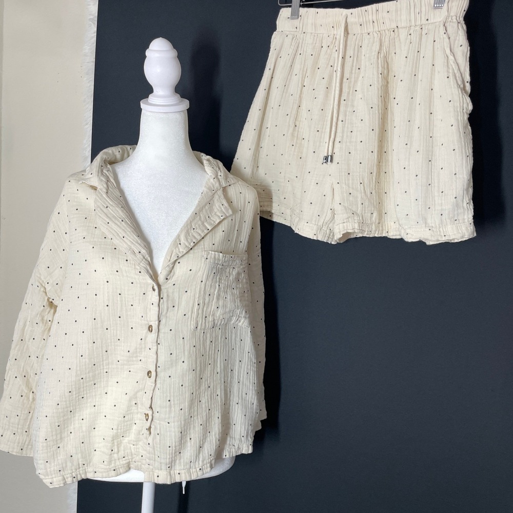 Topshop White Polka Dot Pajama Set XL Cotton Gauze Button Top and Shorts 0033